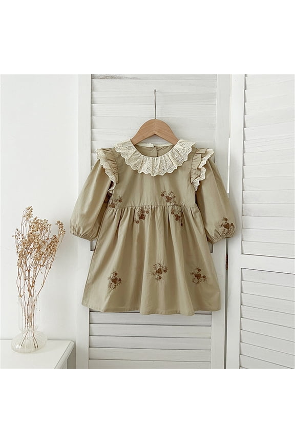 Elegant French Collar Embroidered Floral Dress For Girls With Puff Sleeves And Adjustable Bow Back Detail For And Party Wear Size 4-5Y