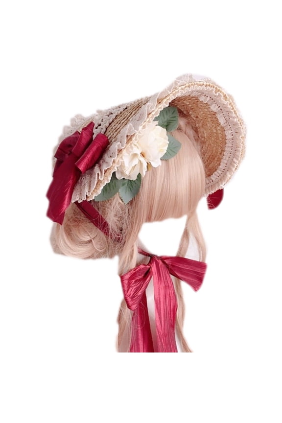 Elegant French Hat Bonnet Hat Lace Flower Ribbon Flat Top Hat Sunscreen Straw Hat Accessories for Birthday Gifts