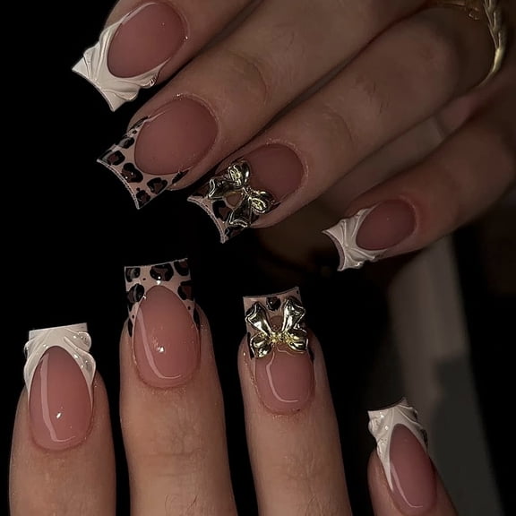 Elegant French Tip Presses On Nails Featuring Leopards Print 3D Bows and Sweet Pastel Patterns Artificial Nails