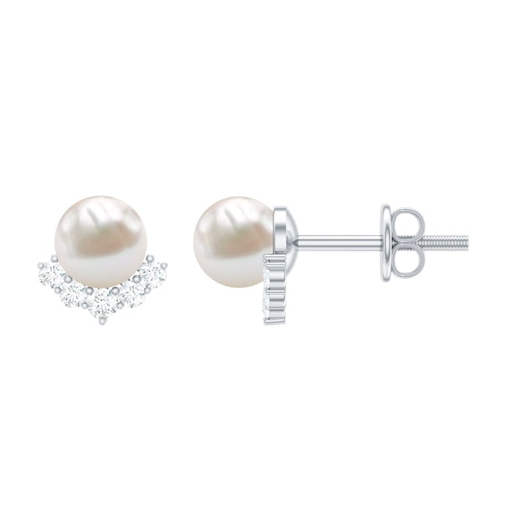Rosec Jewels Elegant Freshwater Pearl Stud Earrings with Diamond for Women - AAA Grade, 10K White Gold