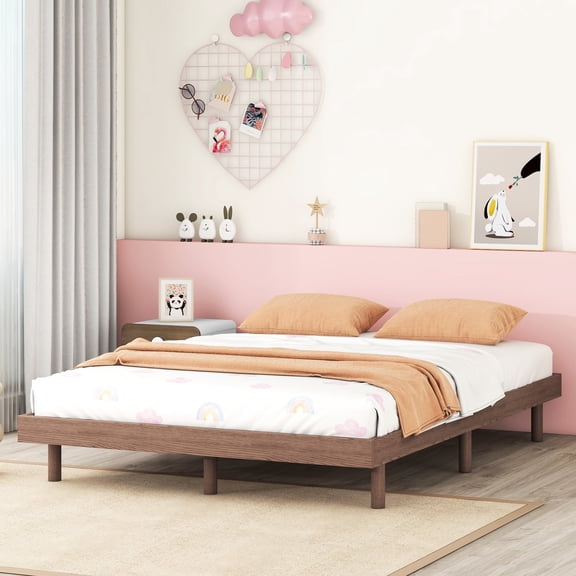 Elegant Full Floating Bed Frame In Walnut With A Stable Construction And Simple Assembly Contemporary Appearance Slats
