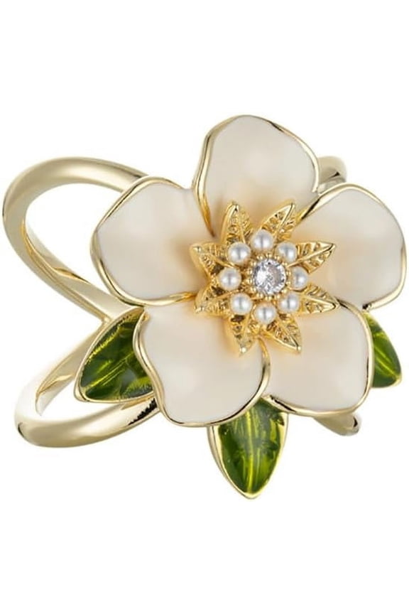 Elegant Gardenia Flower Scarf Ring for Women CZ Crystal Floral Silk Scarf Clip Scarves Buckle Shawl Brooch Statement Finger Ring Decoration Accessories