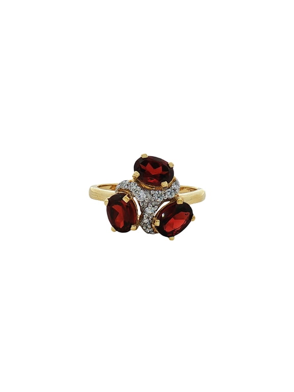 Elegant Garnet & Cubic Zirconia Silver Ring – Three Stone Red Gemstone Statement Ring for Women
