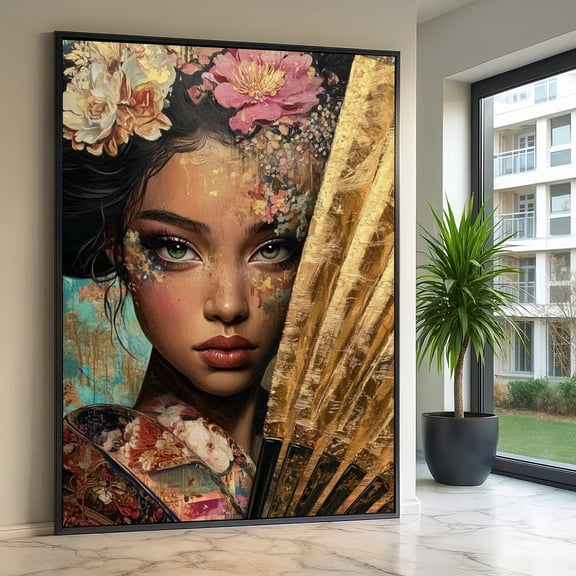 Elegant Geisha Portrait Floral Headpiece Wall Art Asian Woman Face Gold Fan Decor Detailed Portrait