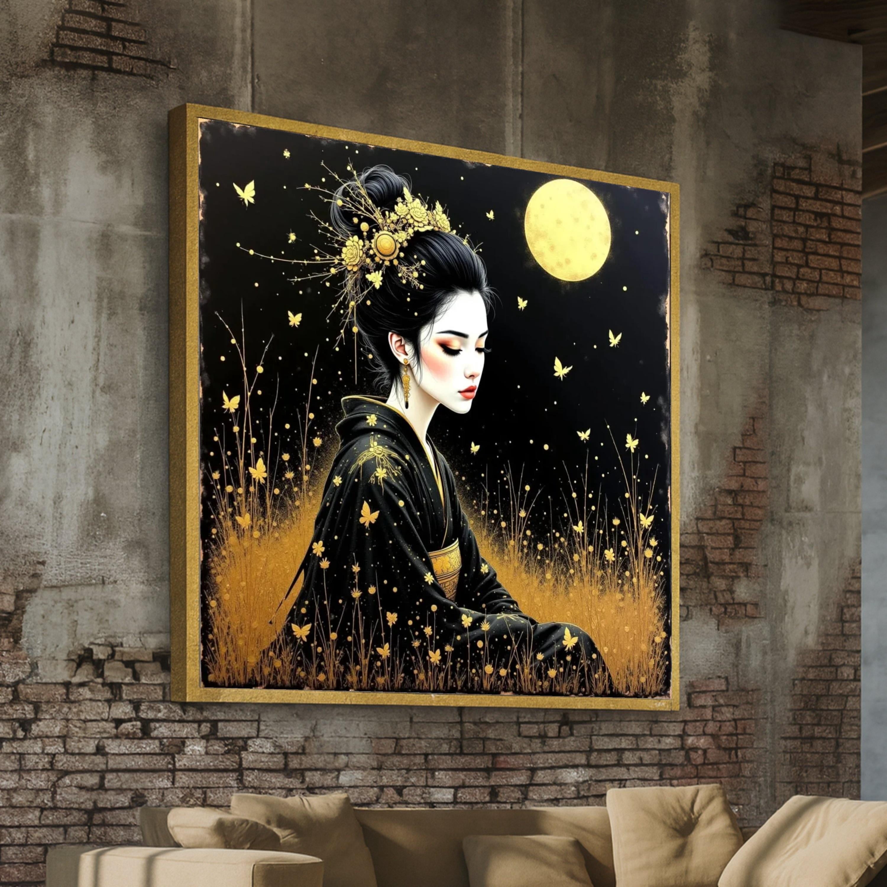 Elegant Geisha Portrait, Golden Butterfly Wall Art, Asian Woman Art ...