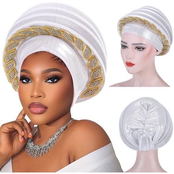 Elegant Gele Turban Cap for Women, Fashionable Headwrap Cap, -inspired Headbands, Nigerian Wedding-specific, No-tie Female Headpiece, Party Hair Accessories (White)