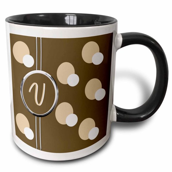 3drose, Elegant Geometric Earth Tone Circles Pattern Monogram Letter V, 11oz Two-tone Black Mug