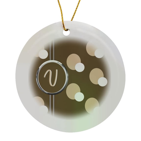 3drose, Elegant Geometric Earth Tone Circles Pattern Monogram Letter V, Circle Porcelain Ornament