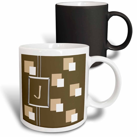 3drose, Elegant Geometric Earth Tone Squares Pattern Monogram Letter J, 11oz Magic Transforming Mug