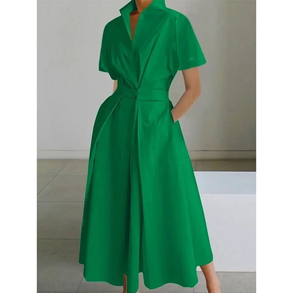 Elegant Geometric Printing Dress For Women 2024 Summer New Fashion Turn Down Collar Shirt Elastic Waist Large Swing Dresses Robe