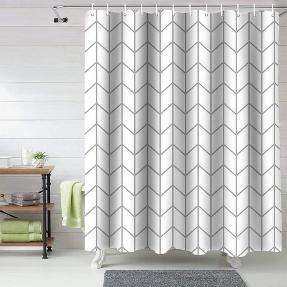 Elegant Geometric Shower Curtains Herringbone Fabric Polyester Bathroom Curtain Waterproof, Gray White Stall Long Size 54x78Inch