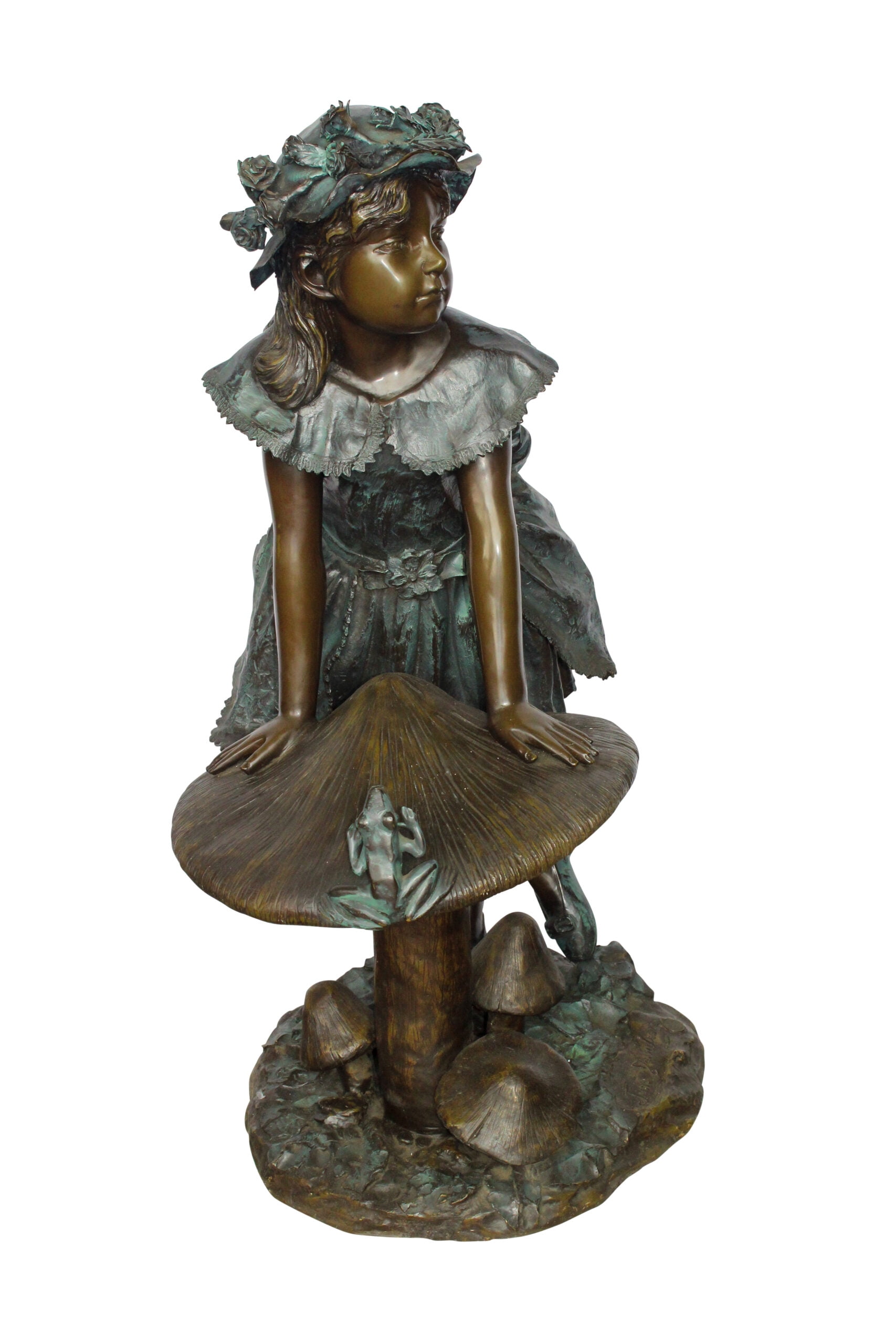 Nifao Elegant Girl Standing by a Frog on a Mushroom 31" x 20" x 43"H – Outdoor Bronze Fountain, Garden Water Feature, 31"L x 20"W x 43"H