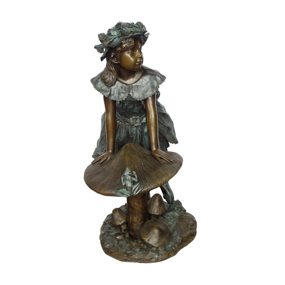 Elegant Girl Standing by a Frog on a Mushroom Bronze Fountain 31" x 20" x 43"H
