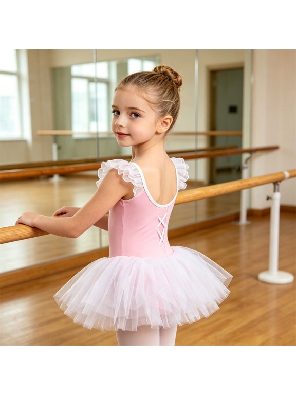 Elegant Girls Ballet Dress For Practice Recital Tutu Skirt Flowing Dance Classes Performances Summer Round Neck Flutter Sleeve Toddler Leotard OutfitPink4-5 Years