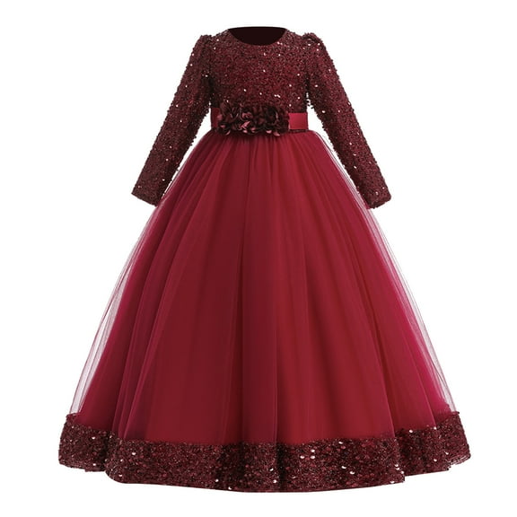 Elegant Girls Christmas Party Dress with Embroidery and Lace Long Sleeve Ruffled Formal Gown for Red 14-15 Years