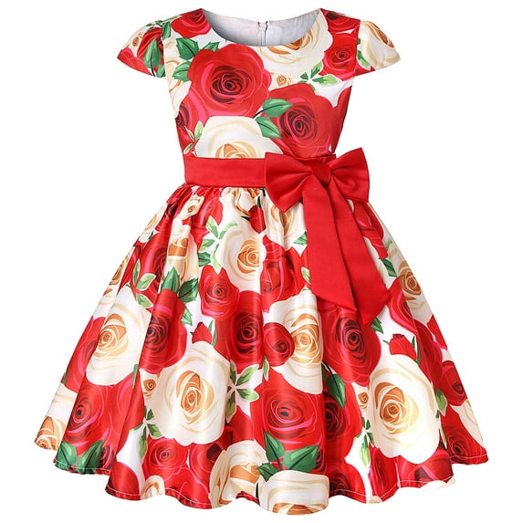 Elegant Girls' Floral Print Dress Evening Performance Dress, Holiday Performance Dress Princess Dress Special Occasion Dress Princess Dresses Red