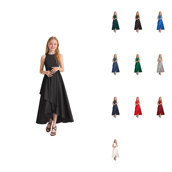 Elegant Girls Formal Party Gown, Sleeveless A-Line Floor Length Rhinestone Dress for Recital, Pageant, Wedding, Communion, Toddler to Teen