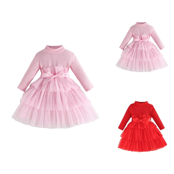 Elegant Girls Long Sleeve High Neck Solid Color Tiered Dress for Autumn/Winter Party Occasion â Toddler Baby Girl Mesh Tulle Fall Spring Dress