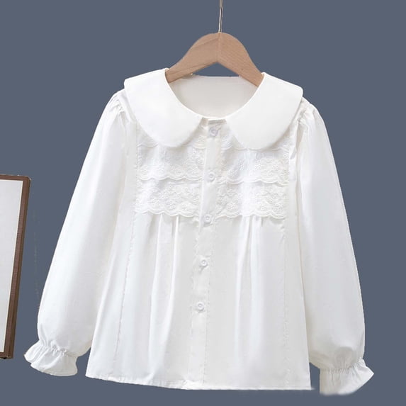 Elegant Girls Long Sleeve Party Blouse Ruffled Button Down Shirt for School and Occasions T-Shirts Kids Short Sleeve Crewneck Solid Basic Tees Casual Tops