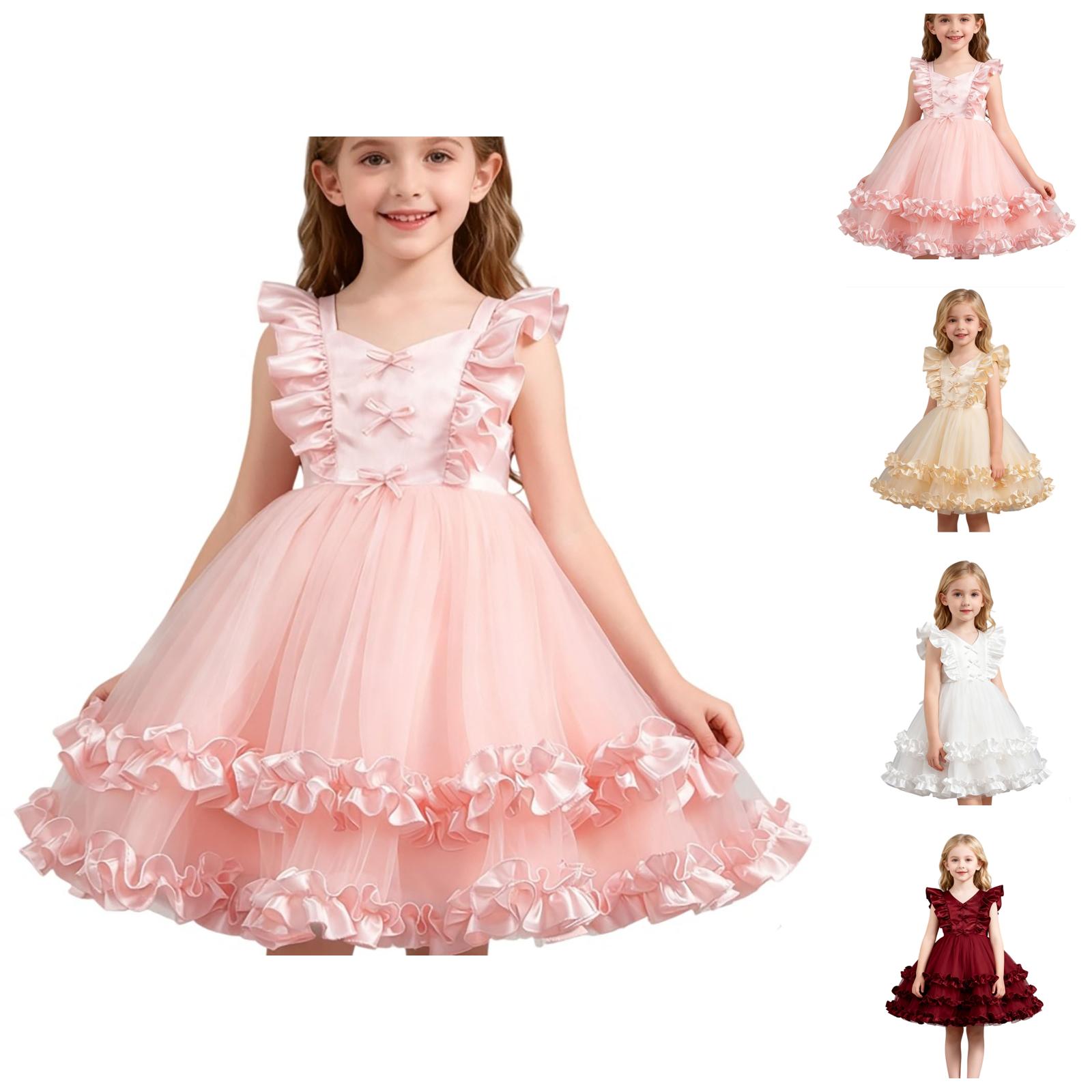 Elegant Girls Party Dress With Puffed Sleeves And Ruffle Tulle Skirt 