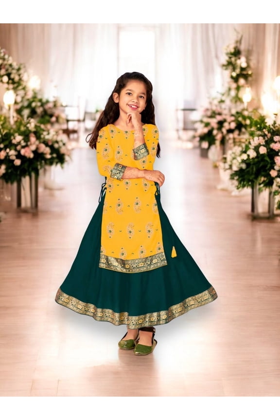 Elegant Girls Rayon Foil Printed Gown,Style Traditional Dress, Cultural Wear, 10