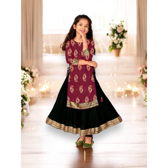 Elegant Girls Rayon Foil Printed Gown,Style Traditional Dress, Cultural Wear, 12