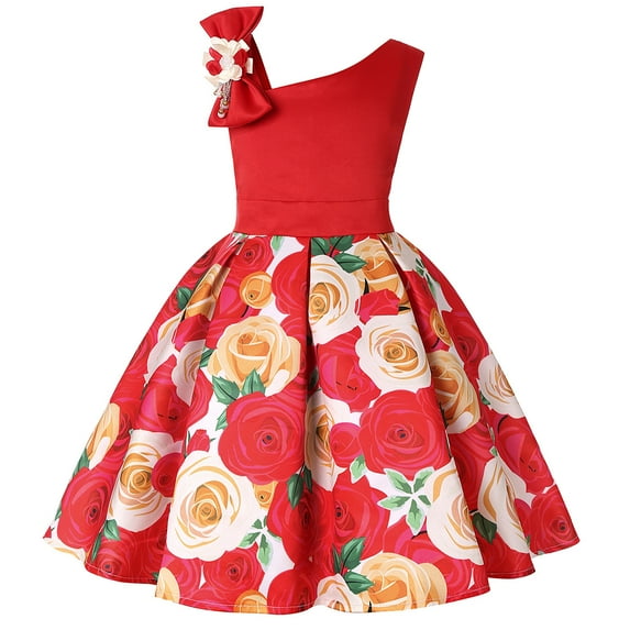 Elegant Girls' Rose Print Dress Evening Performance Dress, Holiday Performance Dress Princess Dress Special Occasion Dress Princess Dresses Red