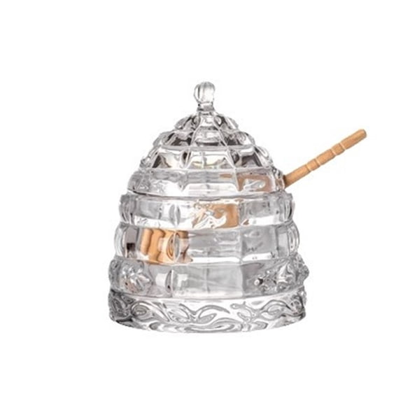 Elegant Glass 1 Wooden Dipper Beehive Design | Perfect for Sugar, Marmalade & Jam | Durable & Stylish Multipurpose Pot with Lidwhite