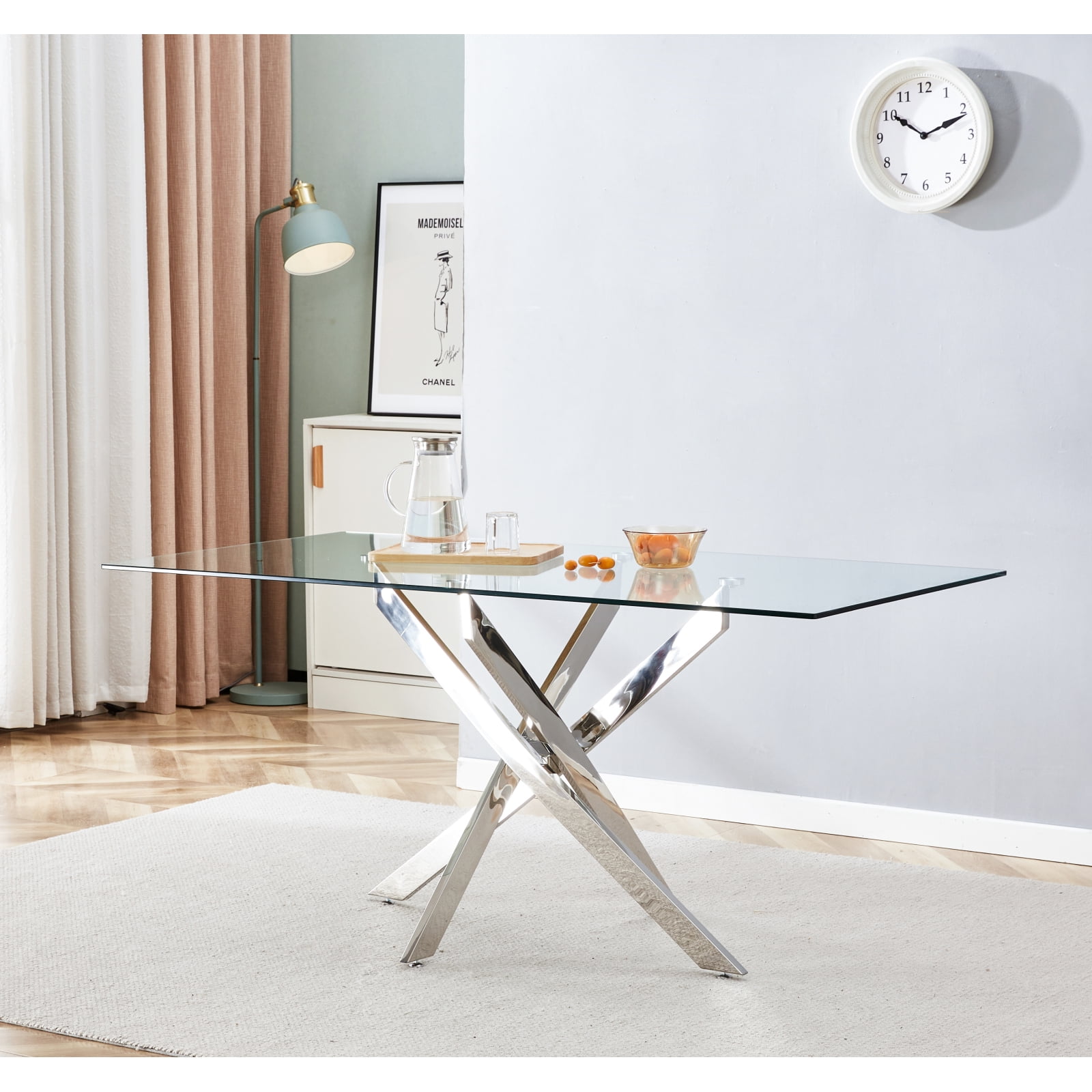 Elegant Glass Coffee Dining Table, 160*80CM, Clear Glass Top, 'X' Metal
