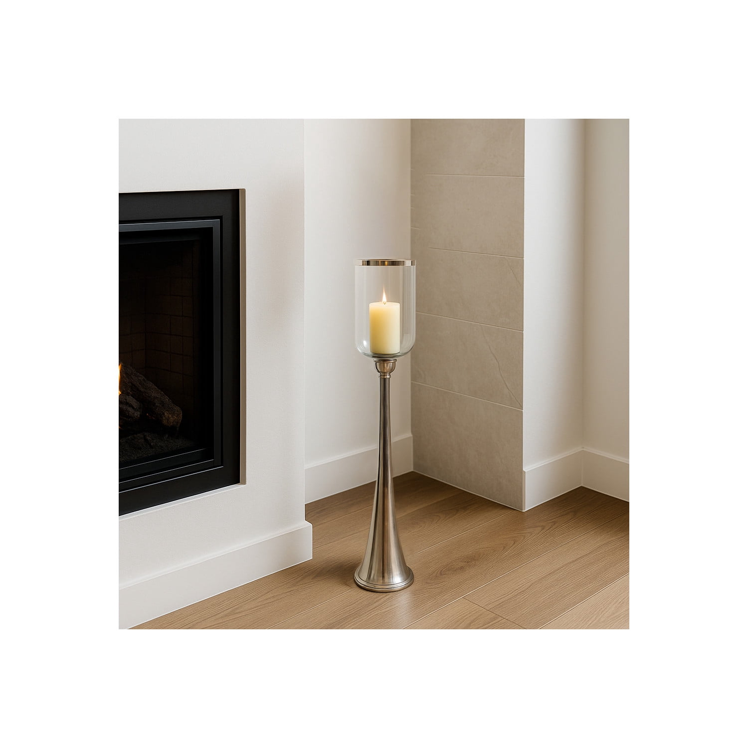 Elegant Glass Hurricane Candle Holder for Home Decor - Decorative Tall Pillar Candlestick Holder for Table Centerpieces - Stylish Living Room Decor, Entryway, and Hallway Accent - 43", Silver