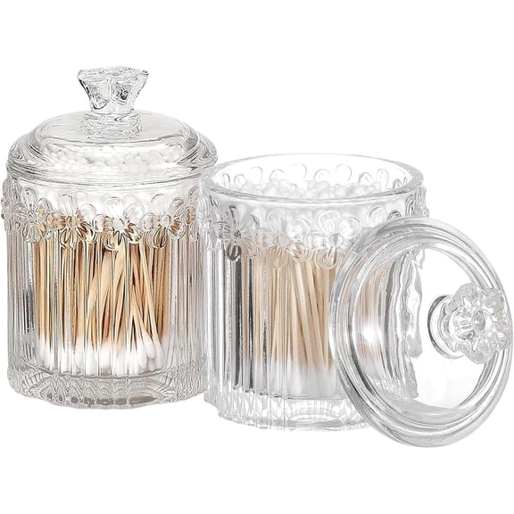 Elegant Glass Qtip Holder with Lid, Stylish Hair Ties Candy Jar, Bathroom Canister for Cotton Swabs and Balls