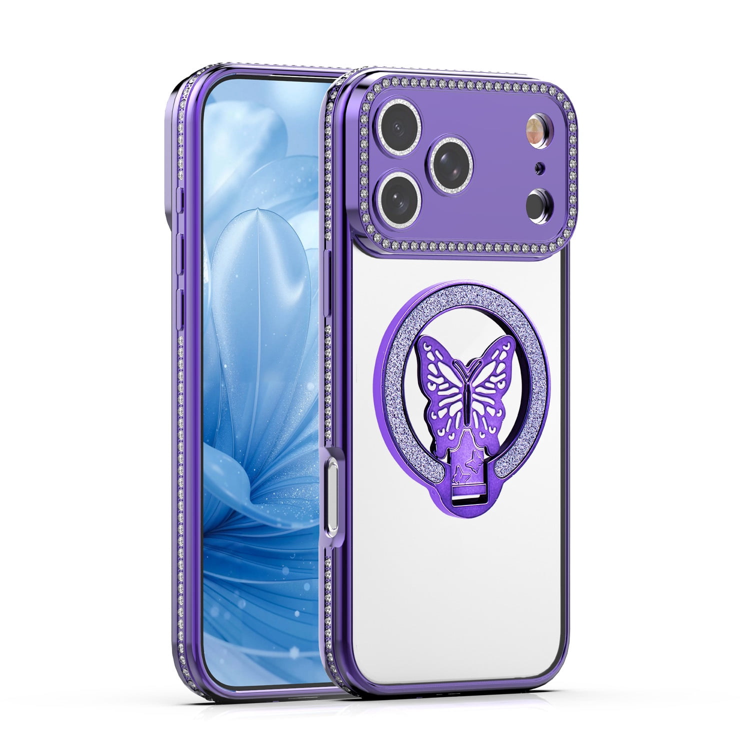 Elegant Glitter Butterfly Stand Case for iPhone 17 Pro Max - Purple