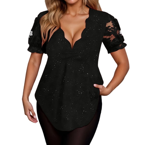 Elegant Glitter Lace Collar Short Sleeve T-Shirt Fashion Casual Blouse Top With Rhinestone Details Oversized T-shirts Short Sleeve Crewneck Casual Tops