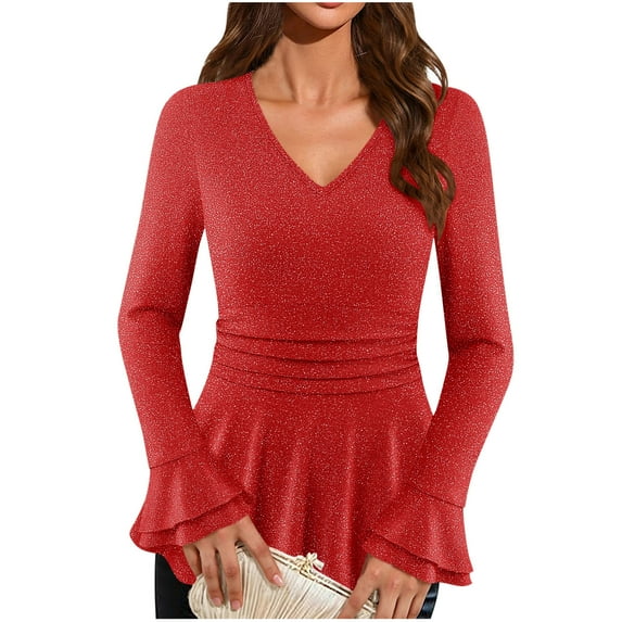Elegant Glitter Tops Women Ruffled Long Sleeve V Neck Fitted Dressy Blouse Pleated Shiny Party New Year Eve Shirt (S, Red)