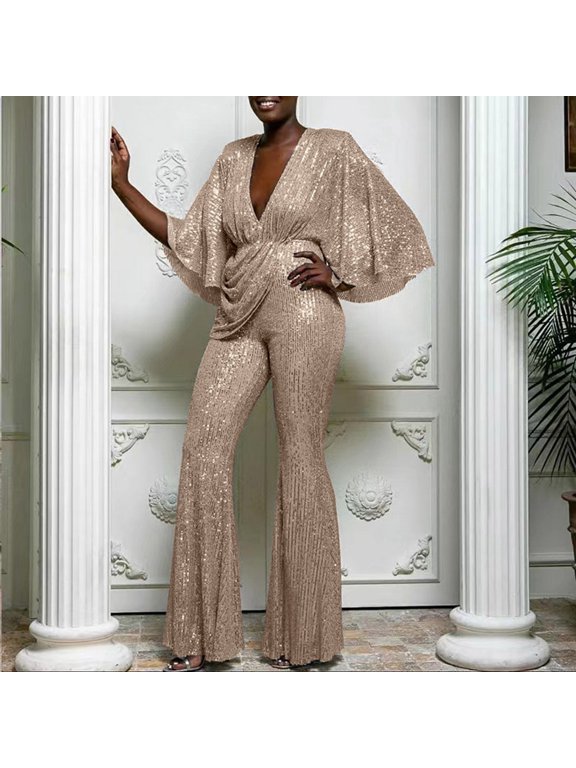 Elegant Glittering Women's Jumpsuit With Deep V Neck Wide Sleeves And High Waist For Evenings Interview Clothes for Women New Years Eve Romper Women Jean Suits Dress Pant Suits for Women Women Tuxedo