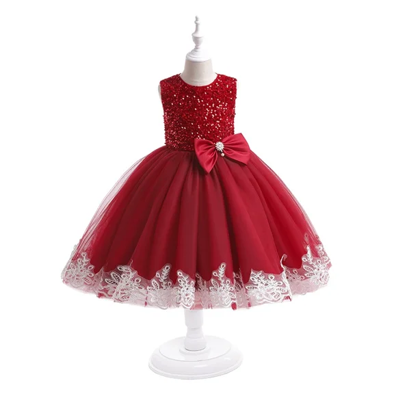 Elegant Glown Dress for Girls Fashion Bow Flower Kids Party Festival Beaded Embroidered Puffy Princess Dress