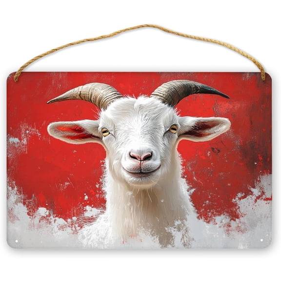 Elegant Goat Head Portrait Sign, White Fur, Curved Horns, Red Background & Vibrant Details Wood Decor, 12x8 Inch Farmhouse Plaque, Home Decor Signs,Minimalist Wood Art