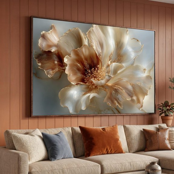 Elegant Gold And Cream Floral Art Luxury Flower Wall Art Abstract Botanical Design Glamorous Home Decoration Ready To Hang, Unframed Paper Print