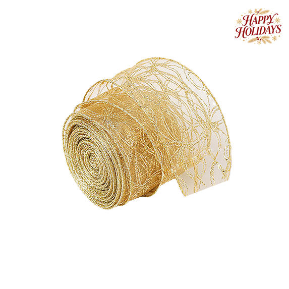 Elegant Gold Christmas Ribbon 2.19 Yards Hollow Mesh Fabric, Premium Decorative Ribbon for Bow Making