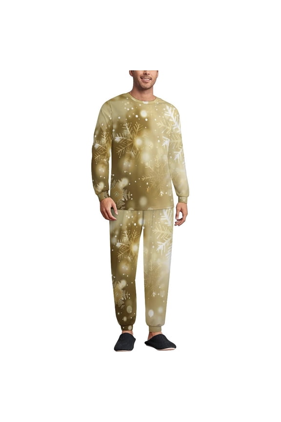 Elegant Gold Christmas Snowflake Men's Pajama Set Sleepwear Pjs Lightweight Long Sleeve Crewneck Shirts and Bottoms Soft Comfy Sleep Sets L