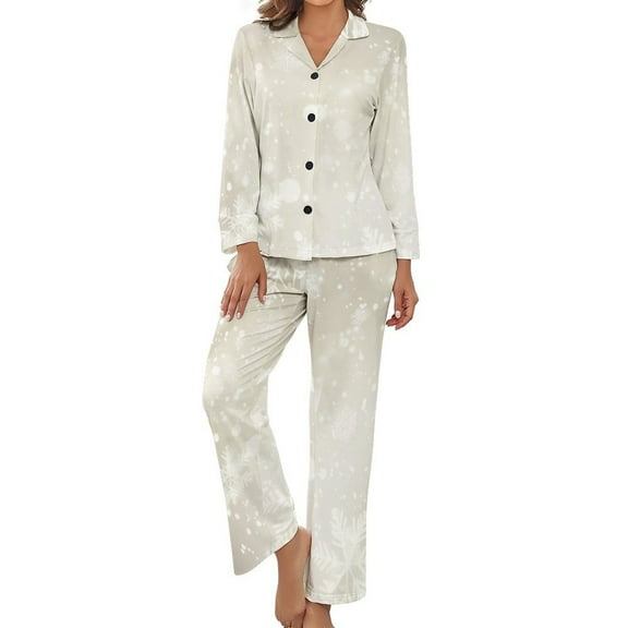 Elegant Gold Christmas Snowflake Women's Long Sleeve Flannel Pajama Set Sleepwear XL