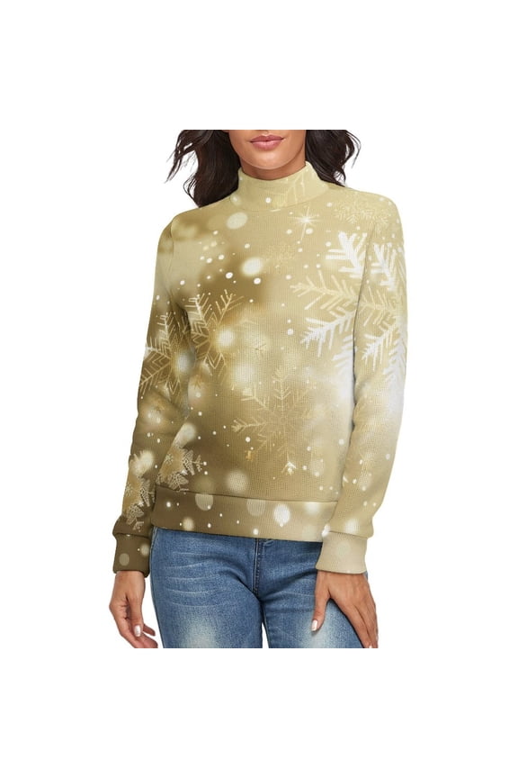 Elegant Gold Christmas Snowflake Women's Turtleneck Sweater Long Sleeve Ribbed Fitted Turtle Neck Casual Fall Winter Collection Top L