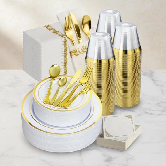 Elegant Gold Disposable Plastic Dinnerware Set for Guests, Include: Plates, Place Cards, Cups, Spoons, Forks, Knives, Napkins for Weddings/Parties/Graduation