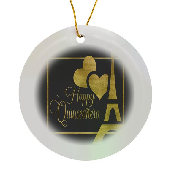 3drose, Elegant Gold Eiffel Tower Happy Quinceanera with Hearts, Circle Porcelain Ornament