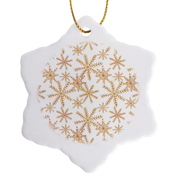3drose, Elegant Gold Fancy Snowflakes Pattern, 3 inch Snowflake Porcelain Ornament