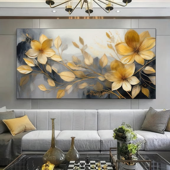 Elegant Gold Floral Canvas Wall Art Framed 48x24 Inch Modern Abstract Painting for Living Room Bedroom Decor