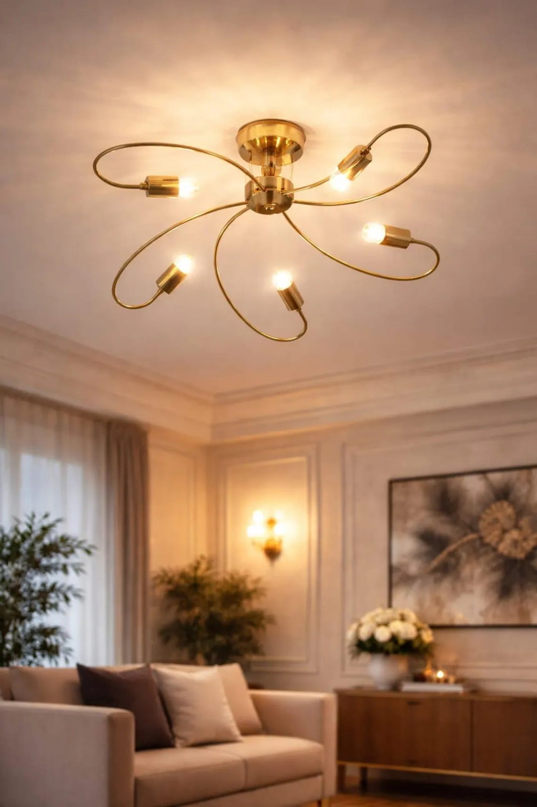 Elegant Gold Flush Mount Ceiling Chandelier Light | Modern Minimalist Fixture, Living Room Decor