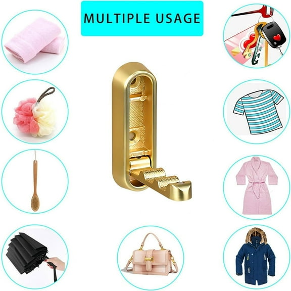 Elegant Gold Foldable Wall Hook - Space Saving Metal Hook for Hanging Clothes Bags & Towels, Sturdy Copper Construction Supports Heavier Items, 360° Foldable Design, Easy Installation