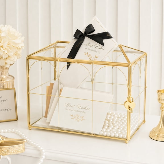 Elegant Gold Glass Card Box with Heart Lock, Geometric Wedding Card Holder with Key, Transparent Envelope Storage Box for Reception, Banquet, Party Decor and Home Display