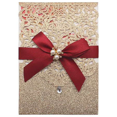 Elegant Gold Glitter Laser Cut Invitation Set with RSVP Cards and Envelopes, Diamond Ribbon Design, 250GSM Pearl Paper Inserts for Weddings, Engagements, Birthdays, Quinceaneras